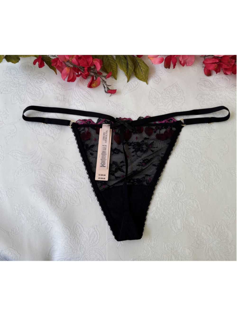 VICTORIA'S SECRET XL BLACK CHERRY BOW VERY SEXY V STRING THONG PANTIES $30 NWT